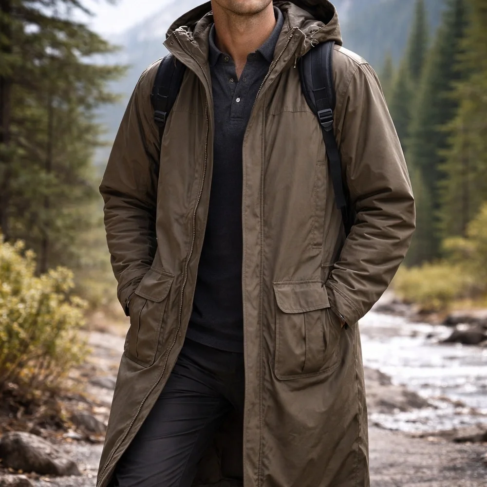 L.L. Bean Men's Olive Hooded Raincoat
